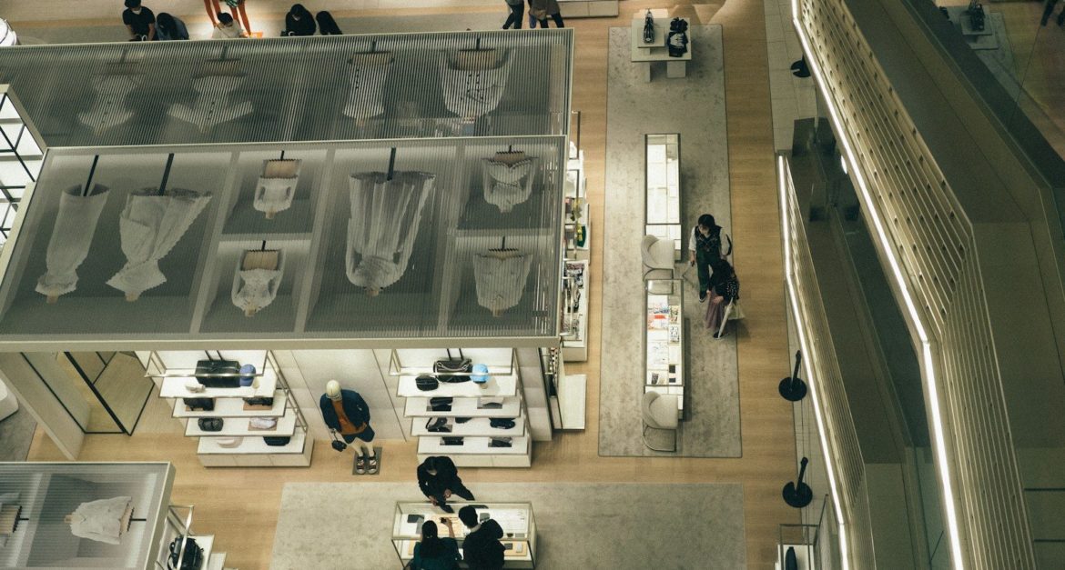 high angle view of people in a building